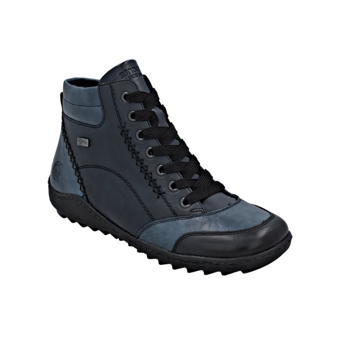 Blue high-top lace sneaker boot with black accents, dark blue panels and a treaded black outsole.