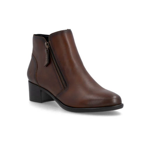 Brown ankle boot with side zipper, light burnished leather and low block heel.