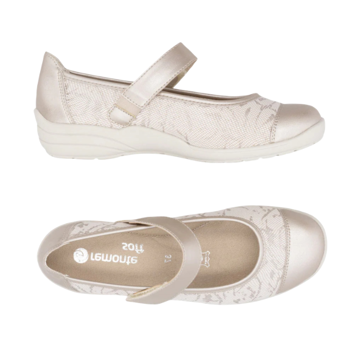Pair of Beige Mary Jane shoe with gold accents, tan Remonte logo'd footbed and a off-white outsole.