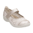Beige Mary Jane shoe with gold accents and a off-white outsole.