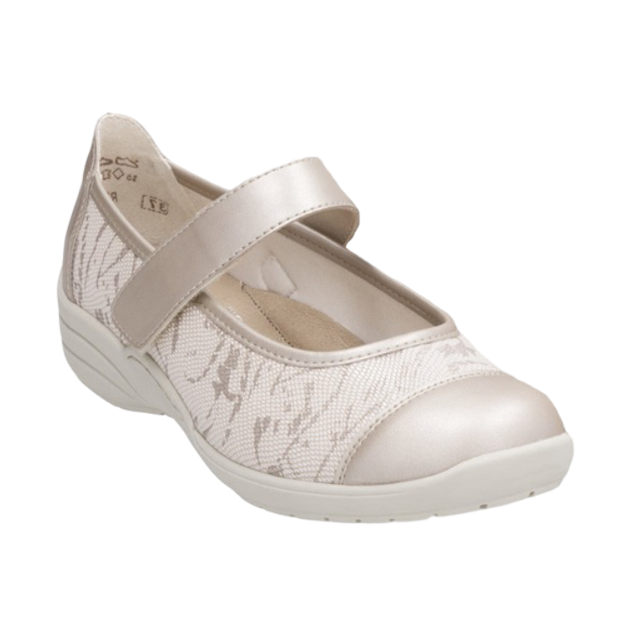 Beige Mary Jane shoe with gold accents and a off-white outsole.