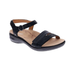Black strappy sandal with textured accent straps, circle buckle detail, tan Revere logo'd footbed and black outsole.