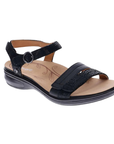 Black strappy sandal with textured accent straps, circle buckle detail, tan Revere logo'd footbed and black outsole.