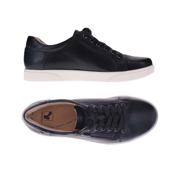 Pair of Black leather sneakers with laces, side zipper, tan Revere logo'd footbed and white outsole.