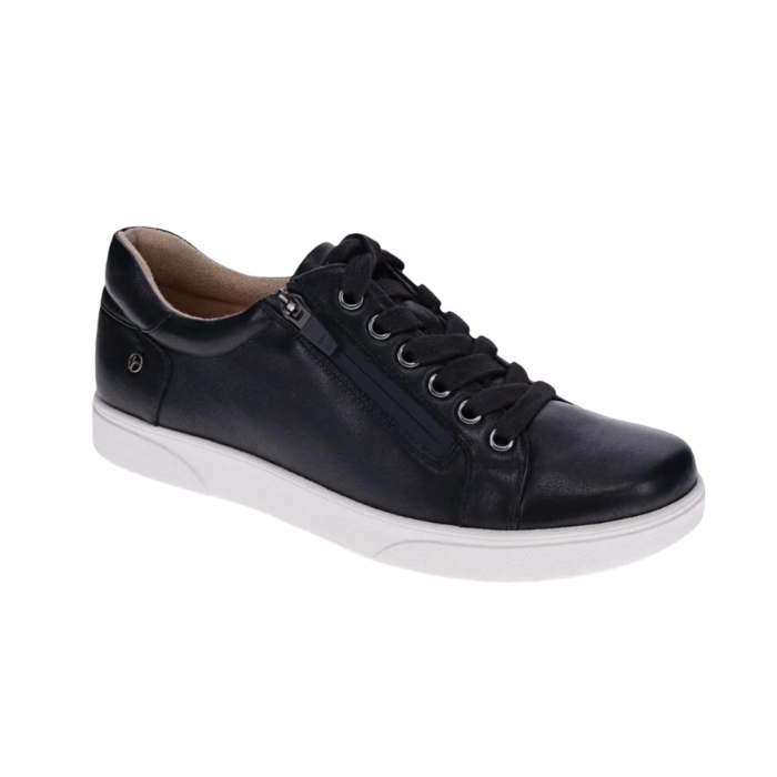 Black leather sneaker  with laces, side zipper and white outsole.