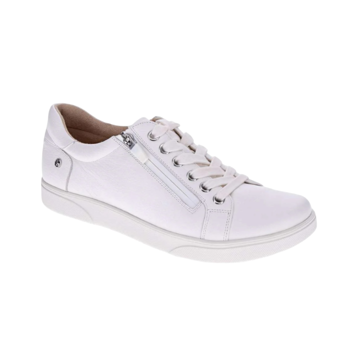 White leather sneaker with laces, side zipper and white outsole.