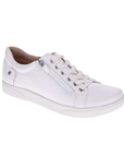 White leather sneaker with laces, side zipper and white outsole.