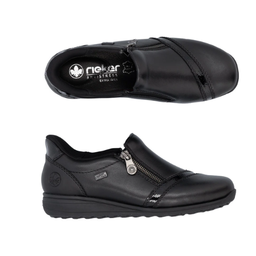 Pair on black slip-on shoes with a zipper and accent patent across toe with detail stitching.