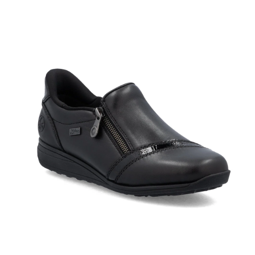 Black slip-on shoe with a zipper and accent patent accross toe with detail stitching.