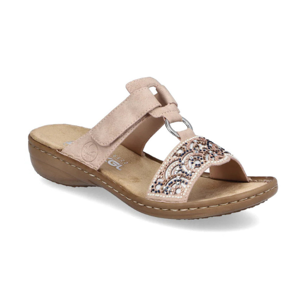 Women's Rieker 608K2 Slide Sandal in beige with decorative beading and cushioned footbed, ideal for lightweight summer wear.