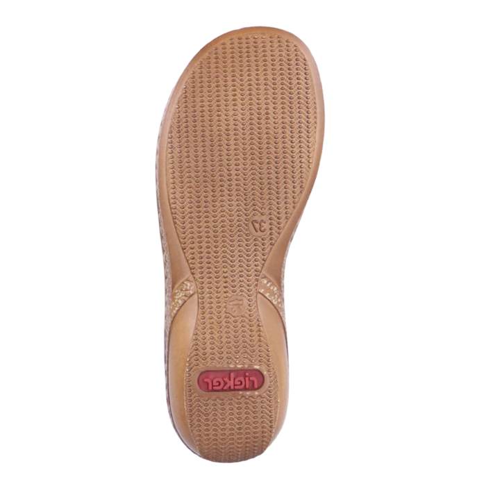 Tan light treaded outsole on sandal with red Rieker logo stamped on heel.