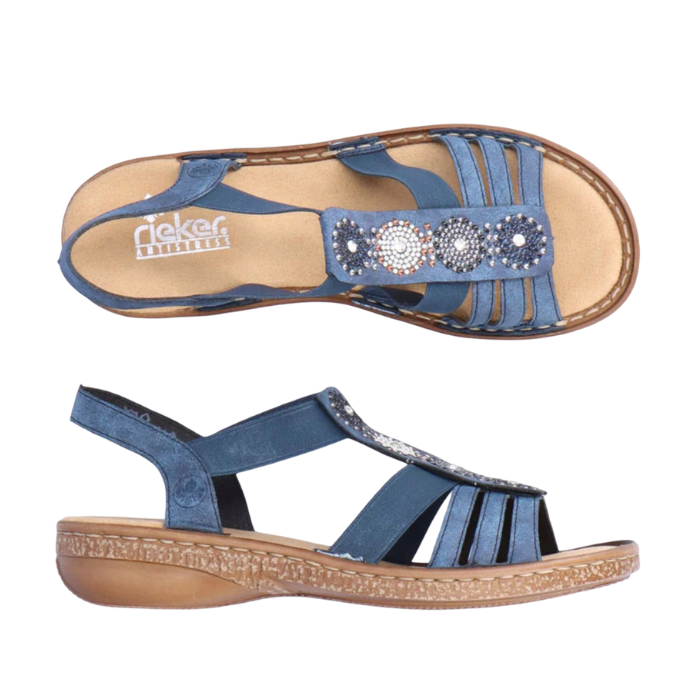 Pair of Blue gladiator inspired sandals with circle beaded embellishments down vamp, Rieker logo'd footbed and tan outsole.