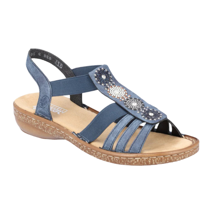 Blue gladiator inspired sandal with circle beaded embellishments down vamp, Rieker logo'd footbed and tan outsole.