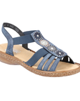 Blue gladiator inspired sandal with circle beaded embellishments down vamp, Rieker logo'd footbed and tan outsole.