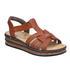 Brown gladiator inspired backstrap sandal with faux cork platform midsole, tan Rieker logo'd footbed and black outsole.