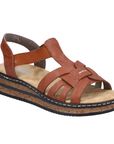 Brown gladiator inspired backstrap sandal with faux cork platform midsole, tan Rieker logo'd footbed and black outsole.