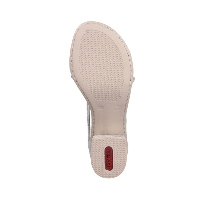 Beige light treaded outsole with red Rieker logo on block heel.