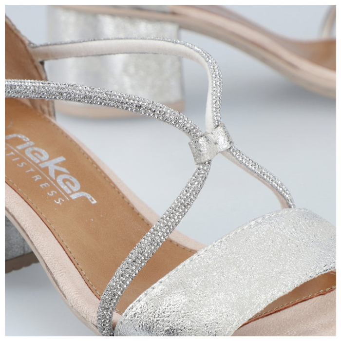 Close up of straps with sparkly design on a block heel sandal.
