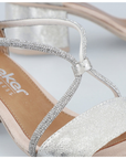 Close up of straps with sparkly design on a block heel sandal.
