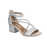Silver sandal with decorative sparkly straps, Velcro ankle strap, tan Rieker logo'd footbed and a block heel.