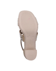 Light treaded outsole with block heel and Rieker logo in middle.