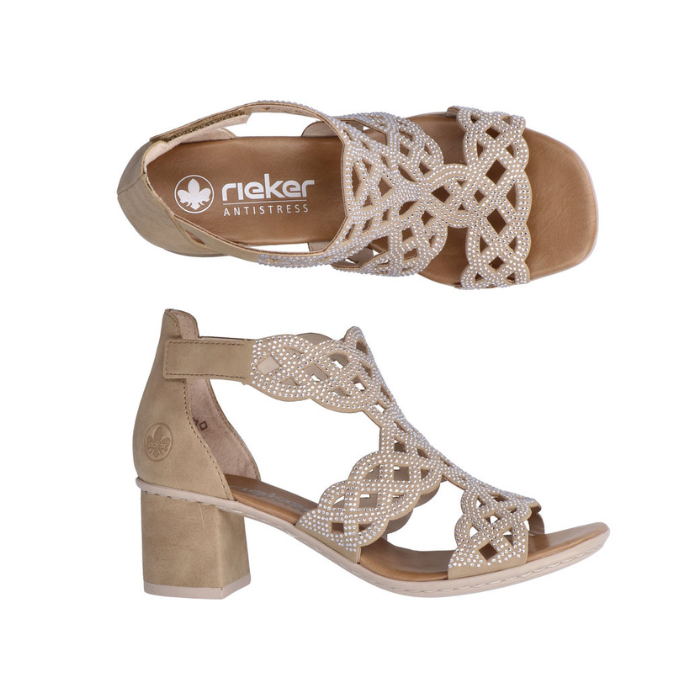 Pair of Beige sandals with caged design covered in rhinestones, closed back, open toe, tan Rieker logo'd footbed and block heel.