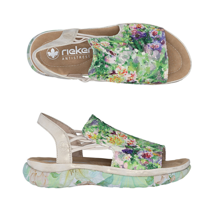 Pair of green floral backstrap sandals with beige accents, tan Rieker logo'd footbed and floral midsole.