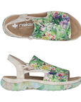 Pair of green floral backstrap sandals with beige accents, tan Rieker logo'd footbed and floral midsole.