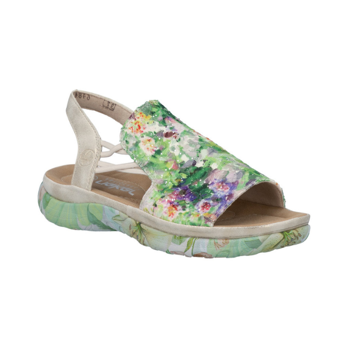 Green floral backstrap sandal with beige accents, tan Reiker logo'd footbed and floral midsole.