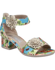 Rieker block heel with silver flower on velcro ankle and toe straps, Blues and pinks in the flower pattern uppers and a beige logo'd footbed.