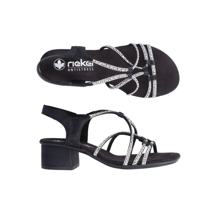 Pair of Black sandal with sparkly criss-crossing straps, Black Rieker logo'd footbed and black block heel.
