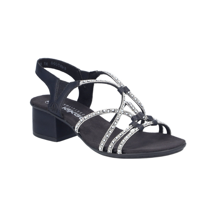 Black sandal with sparkly criss-crossing straps, Black Rieker logo'd footbed and black block heel.