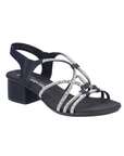 Black sandal with sparkly criss-crossing straps, Black Rieker logo'd footbed and black block heel.