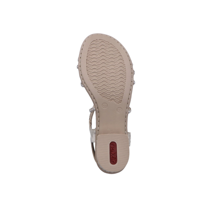 Beige light treaded outsole of sandal with red Rieker block heel.