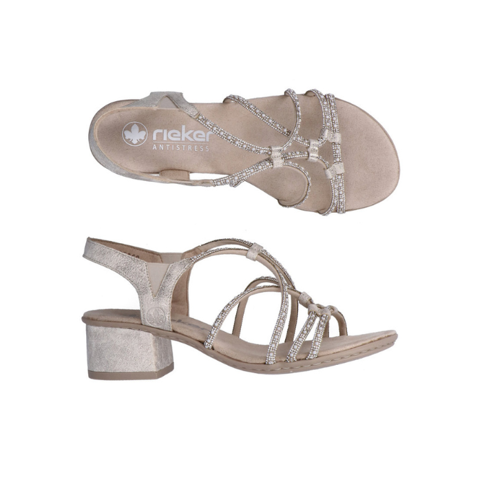 Pair of Gold sandals with sparkly criss-crossing straps, tan Rieker logo'd footbed and gold block heel.