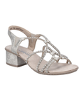 Gold sandal with sparkly criss-crossing straps, tan Rieker logo'd footbed and gold block heel.