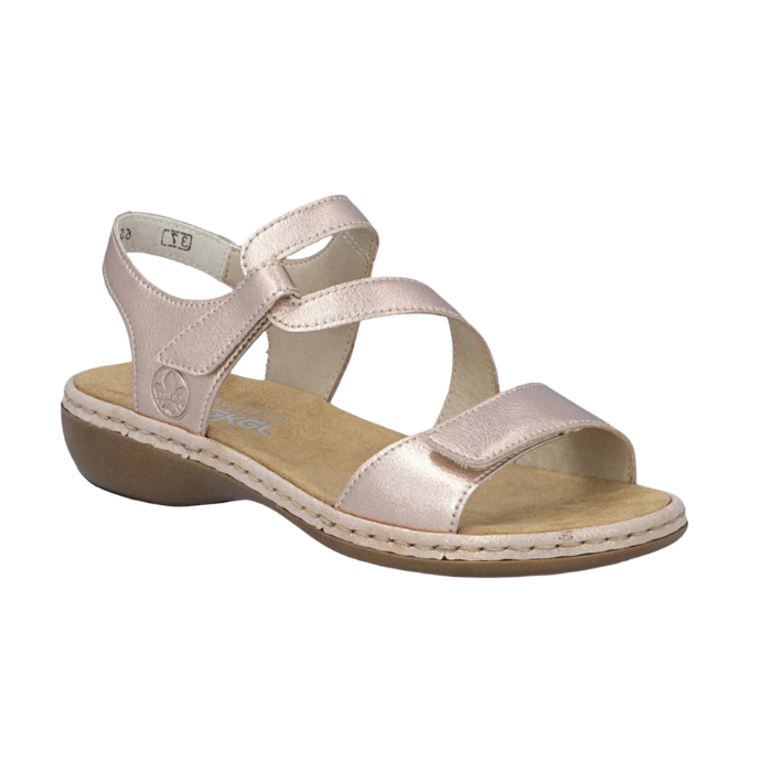 Gold leather sandal with looping Velcro straps, tan Rieker logo'd footbed and brown outsole.
