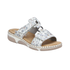 Floral-patterned slide sandal with Velcro straps, Rieker tan footbed and beige and white outsole.