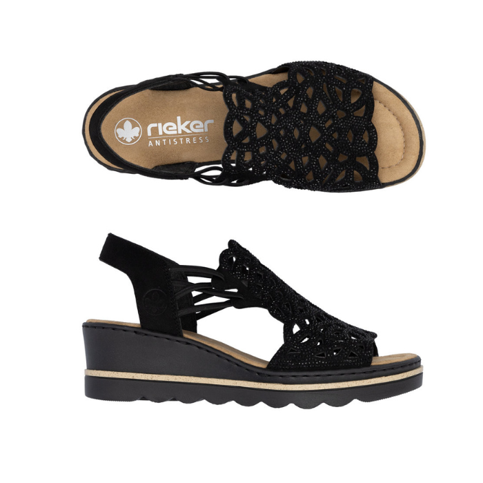 Pair of Black caged backstrap sandals with rhinestone details, tan Rieker logo'd footbed and a wedge heel.