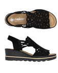 Pair of Black caged backstrap sandals with rhinestone details, tan Rieker logo'd footbed and a wedge heel.