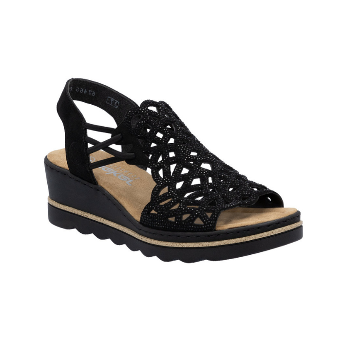 Black caged backstrap sandal with rhinestone details, tan Rieker logo'd footbed and a wedge heel.