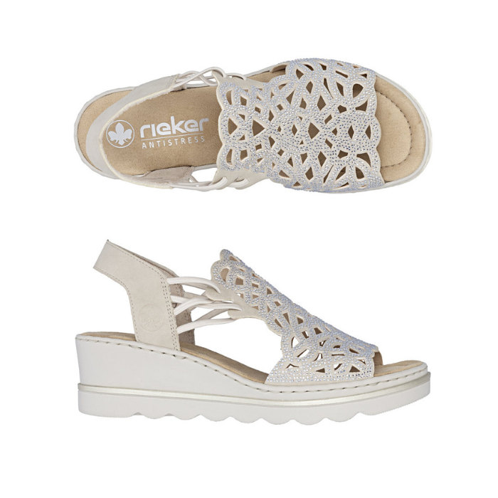 Pair of Beige caged backstrap sandals with rhinestone details, tan Rieker logo'd footbed and a wedge heel.