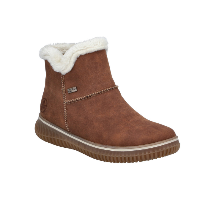 Women's Rieker 74260 ankle boot in brown with faux fur lining and waterproof membrane, ideal for lightweight winter wear.