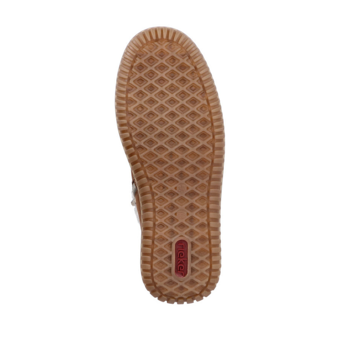 Outsole view of the Rieker 74260 ankle boot for women, featuring a grippy tread pattern for enhanced traction in winter conditions.