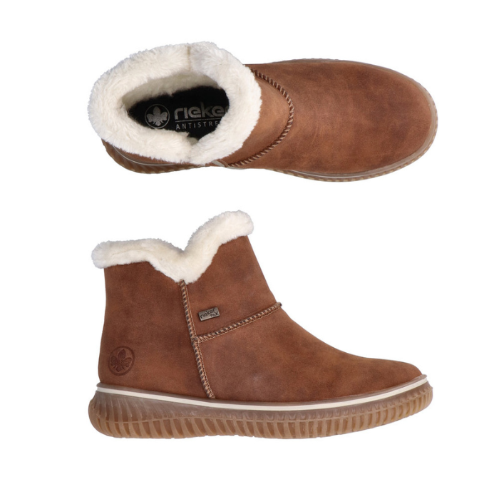 Side and top views of the Rieker 74260 women's ankle boot showcasing warm lining, flexible sole, and winter-ready design.