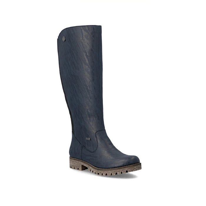 A single knee-high boot in dark navy blue leather with a textured finish and a brown lug outsole.