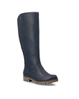 A single knee-high boot in dark navy blue leather with a textured finish and a brown lug outsole.