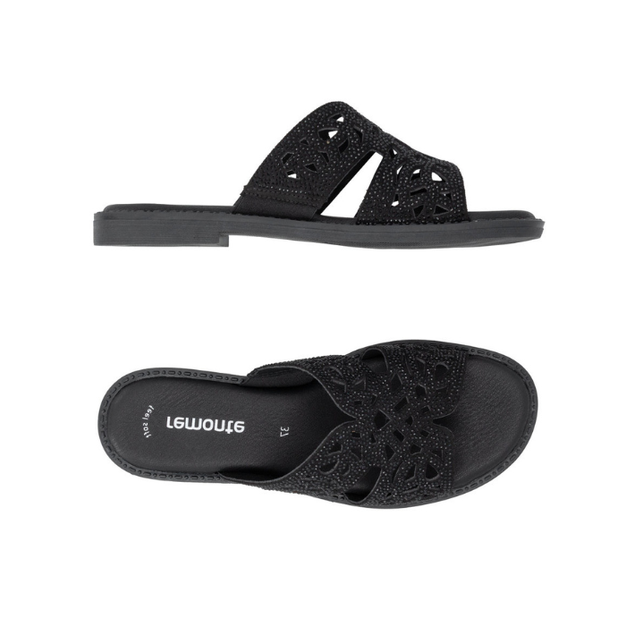 Pair of Black slide sandals with perforations through rhinestone covered straps, black Remonte logo'd footbed and black flat outsole.