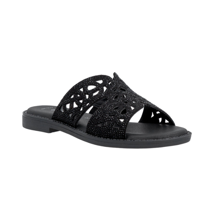 Black slide sandal with perforations through rhinestone covered straps, black Remonte logo'd footbed and black flat outsole.