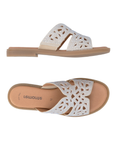Pair of Beige slide sandals with perforations through rhinestone covered straps, tan Remonte logo'd footbed and tan flat outsole.